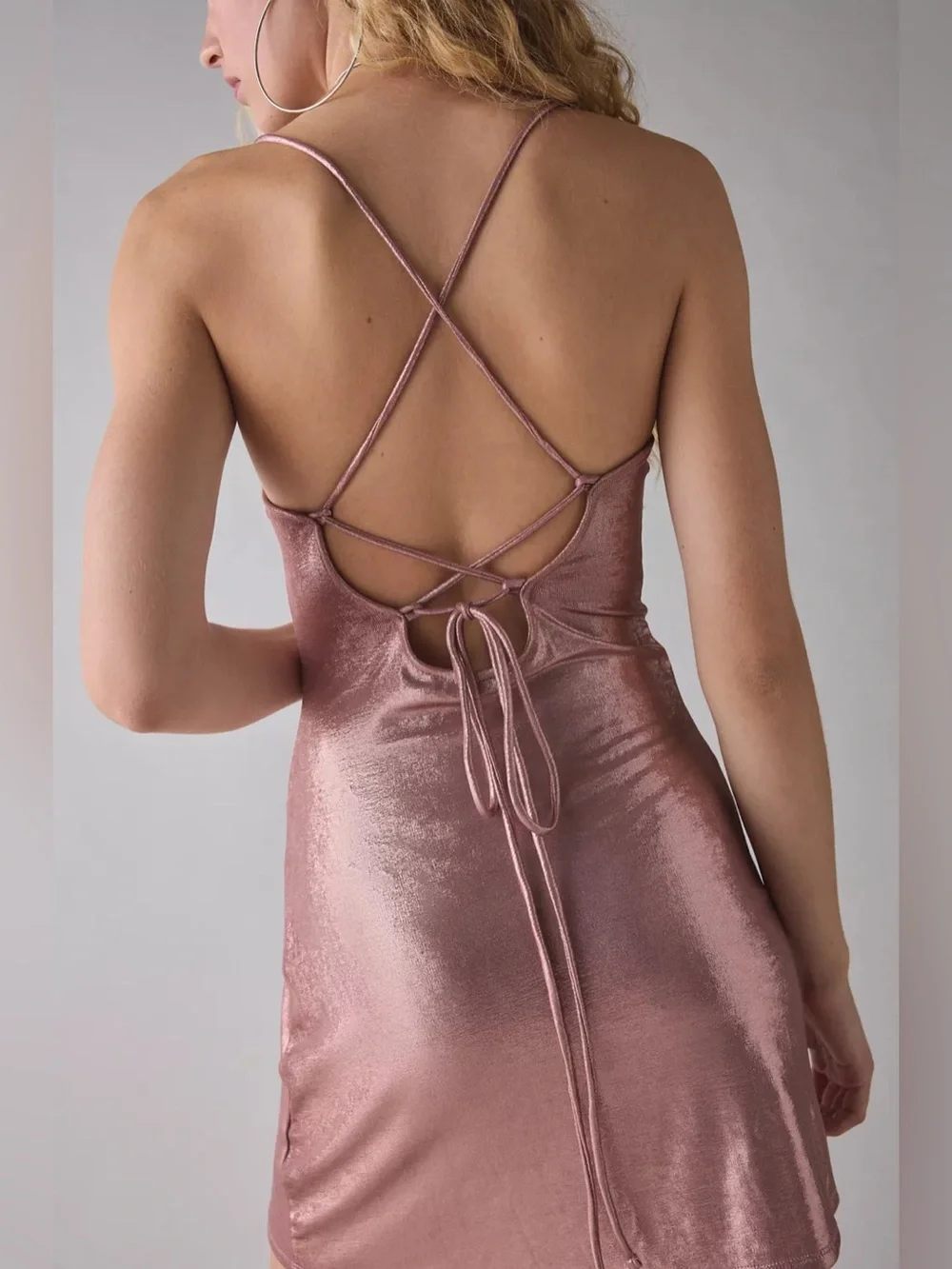 Urban Outfitters | Melody Metallic Cowl Neck Strappy Back Mini Dress Mauve Pink